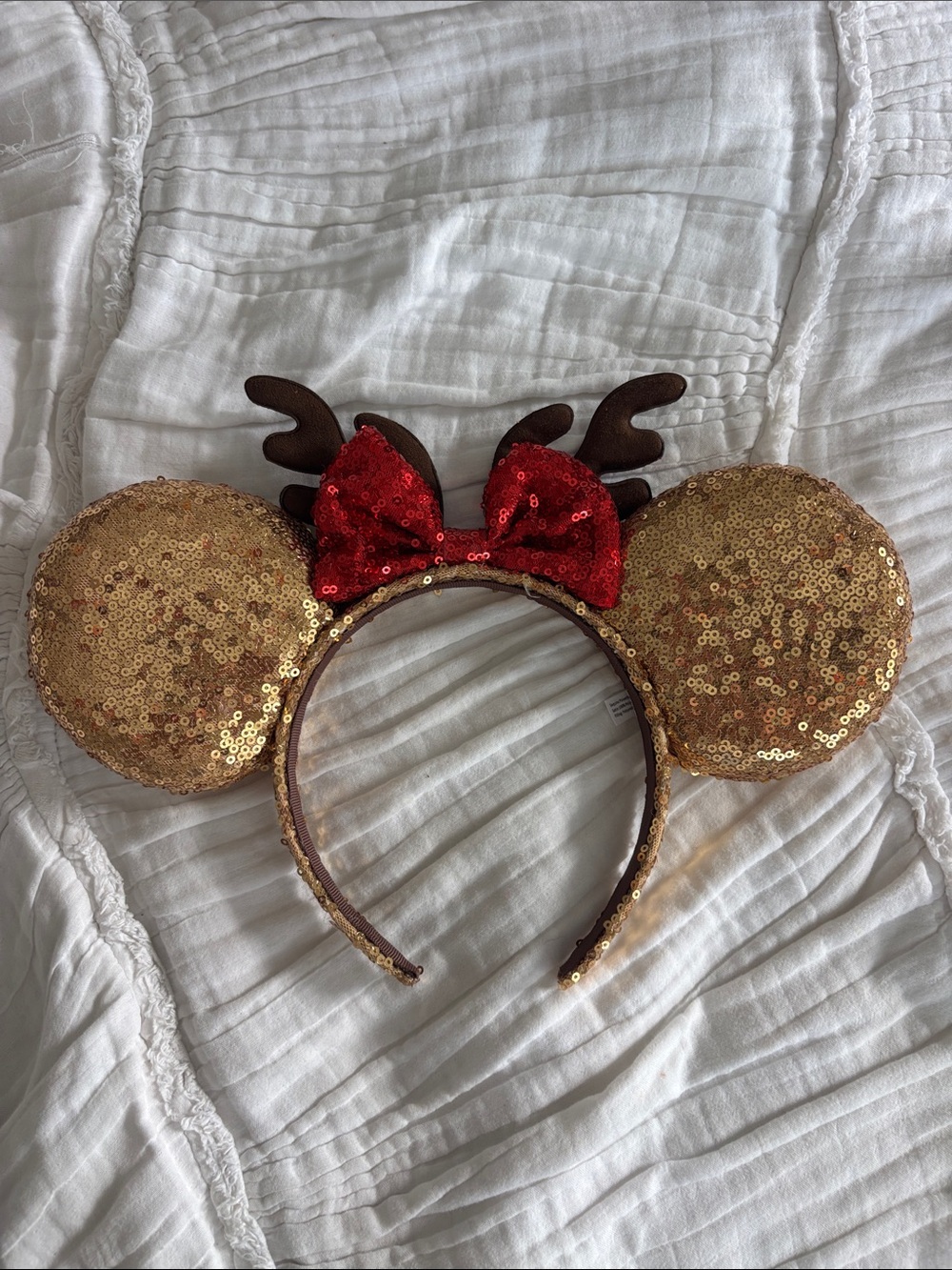 Gold Sequin Mouse Ear Headband with Red Bow and Antlers